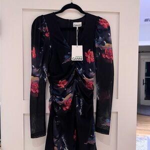 Ganni Printed Mesh Gathered Mini Dress Size 36